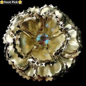 Vtg Satin Gold-tone Layered Flower Brooch - Aurora Borealis Rhinestone Center